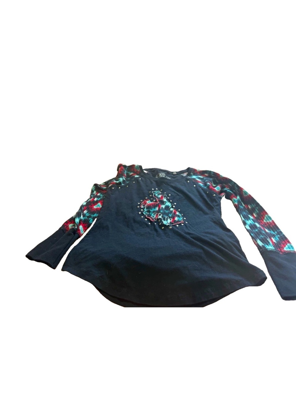 Panhandle Women’s Black Aztec Studded Long Sleeve Crew Neck Western Tee! XS